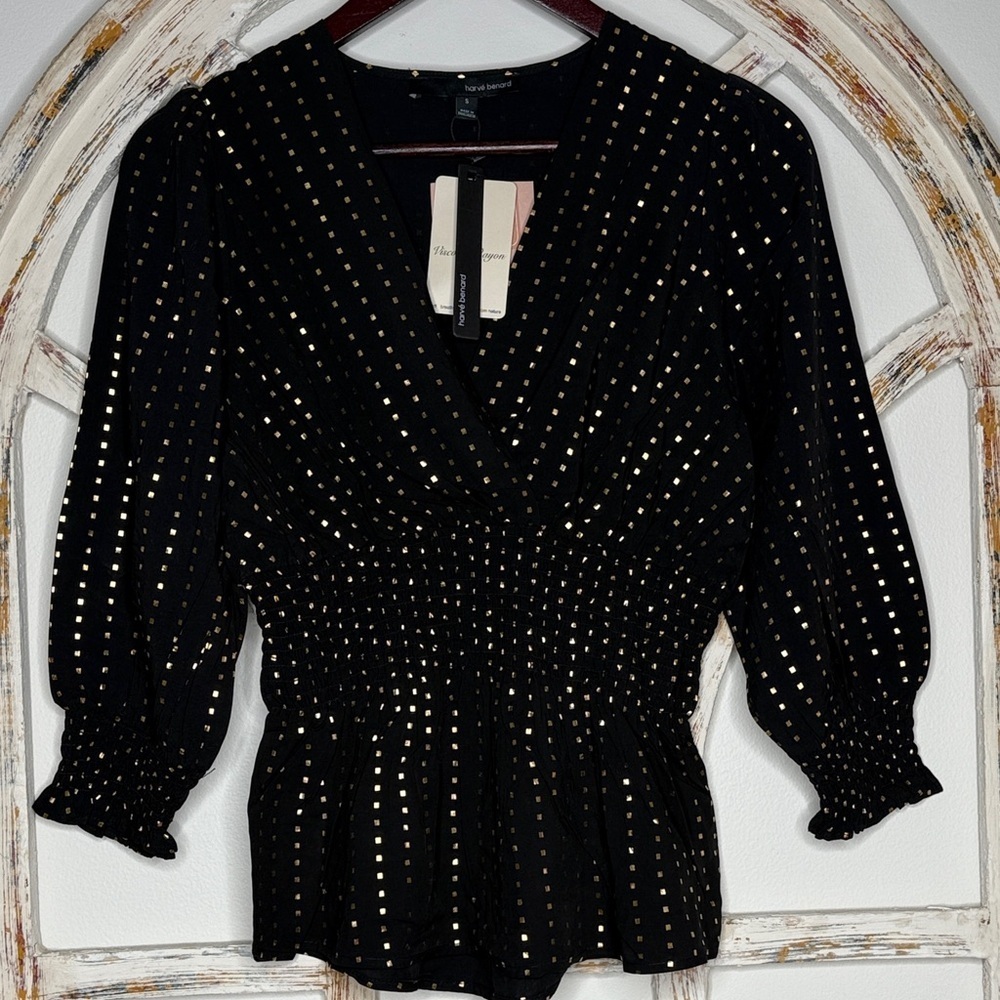 Harve Benard Black and Gold Polka Dot Blouse